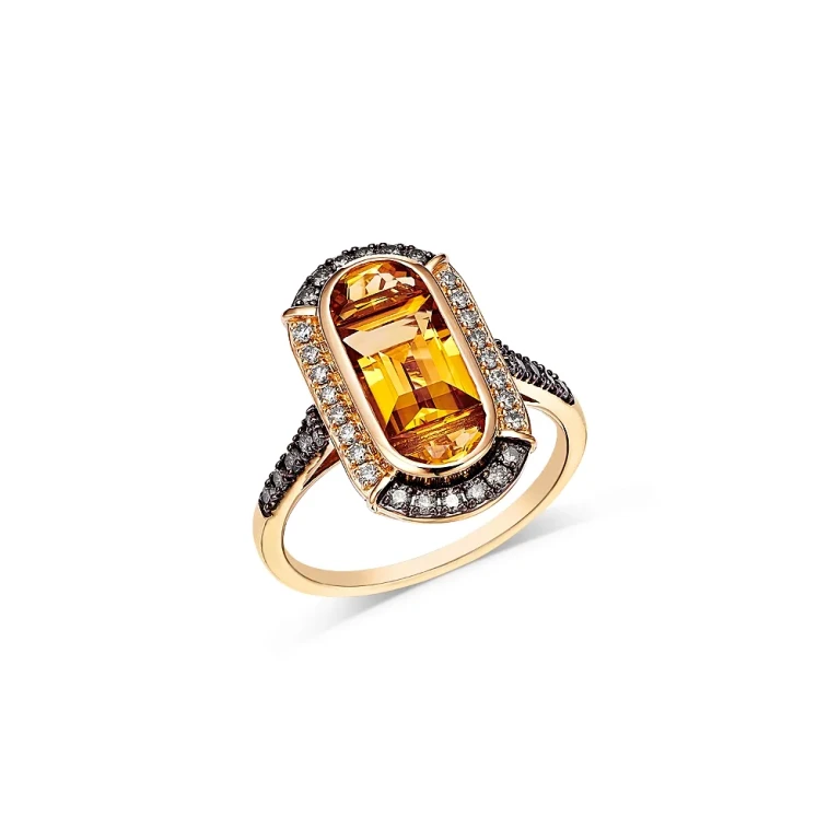Citrine & Champagne and Brown Diamond Halo Ring in 14K Yellow Gold