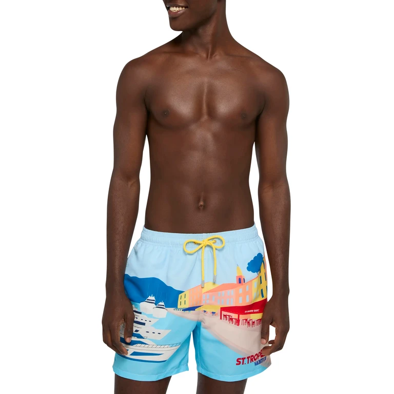 Mc2 Saint Barth Mid-Length Gustavia Swim-Shorts With St. Tropez Postcard Placed Print Blue Swimshort - Men