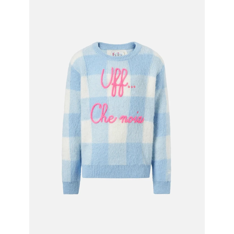 Mc2 Saint Barth Crewneck Sweater With Check Jacquard And Uff… Che Noi Embroidery Sky