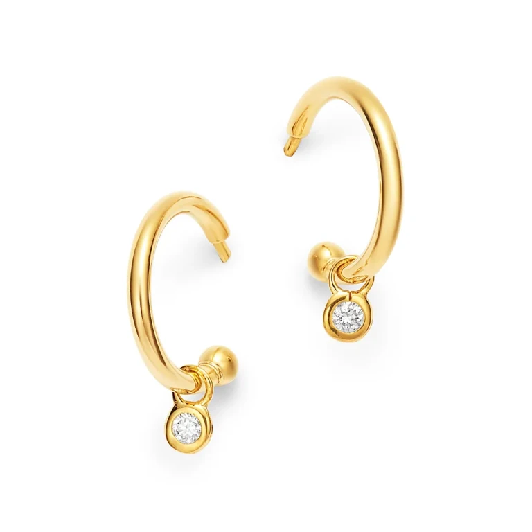 Diamond Drop Huggie Hoop Earrings in 14K Yellow Gold