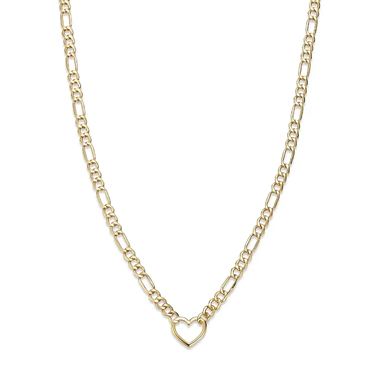 Open Heart Figaro Link Chain Necklace in 14K Yellow Gold, 18