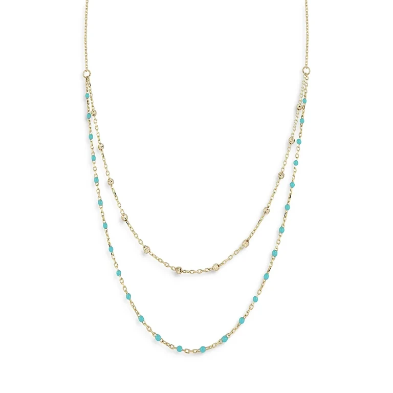 14K Yellow Gold Blue Bead Layered Necklace, 16-18