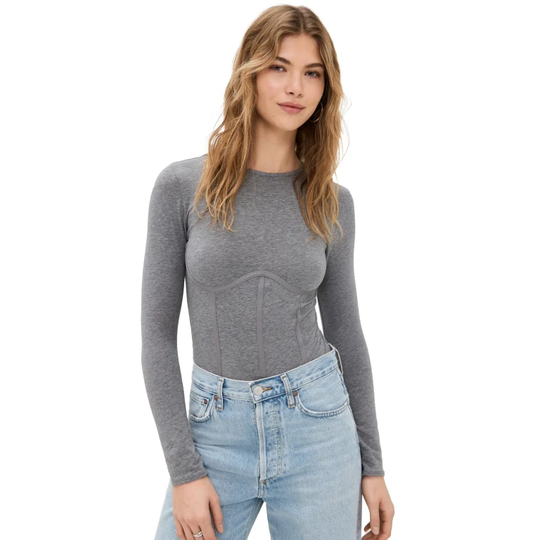 Fleur du Mal Long Sleeve T-Shirt Thong Bodysuit Heather Grey L
