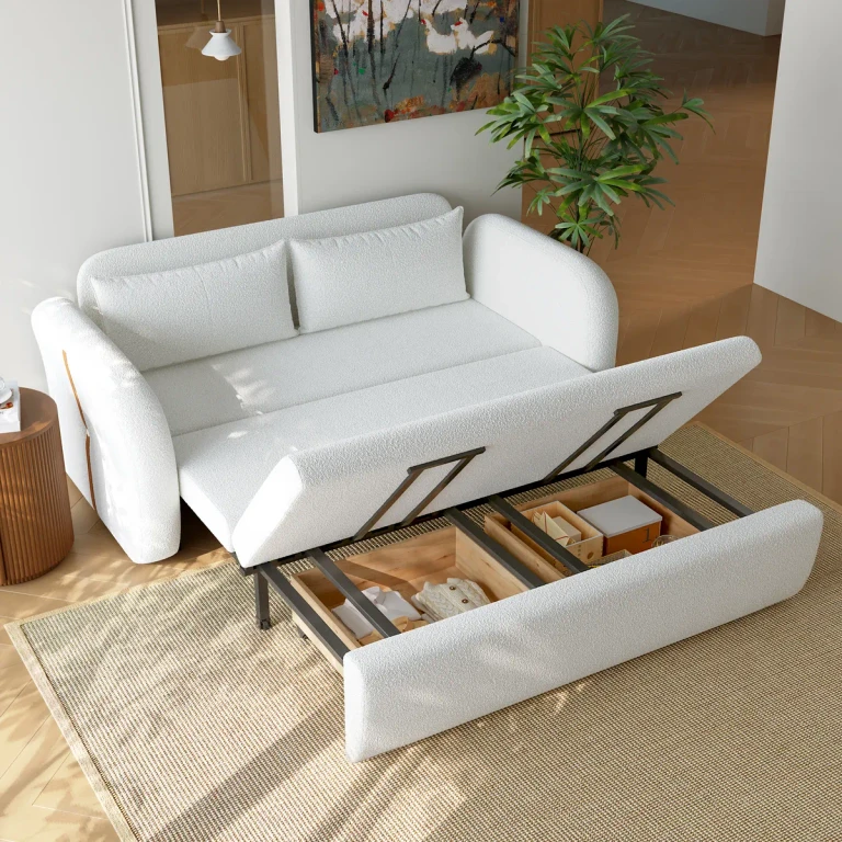 Convertible Boucle Sofa Bed with Storage Drawers