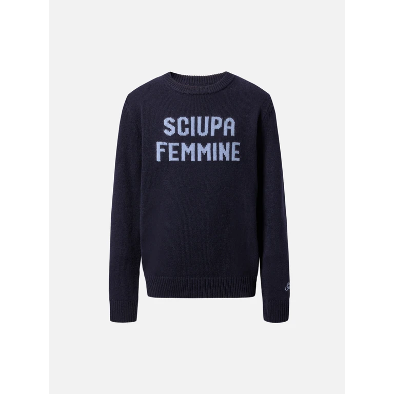 Mc2 Saint Barth Crewneck Douglas Cashmere Blend With Sciupa Femmine Jacquard Blue