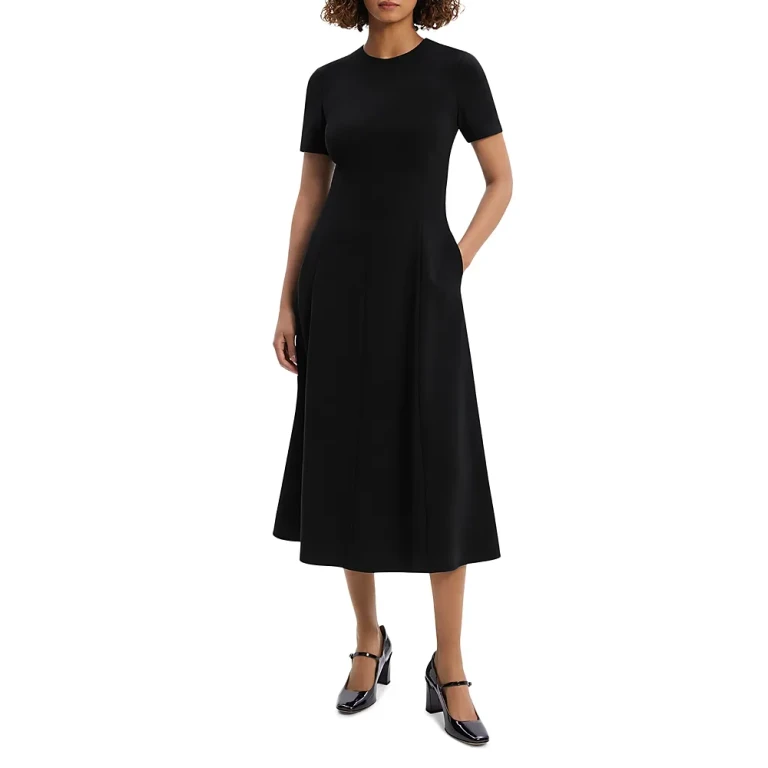 Theory Admiral Crepe Short Sleeve Flare Midi Dress