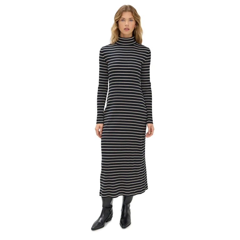 Proenza Schouler White Label Frances Dress In Stripe Rib Black/Mushroom XL