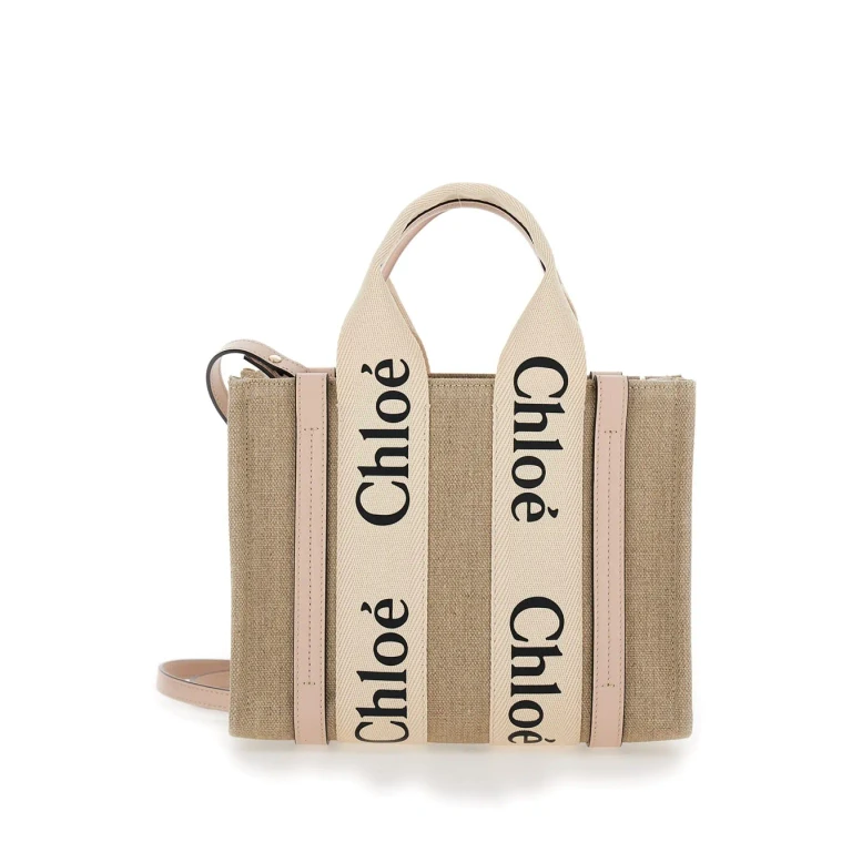 Chloé Beige woody Tote Bag With Logoed Ribbons In Linen Canvas For Women