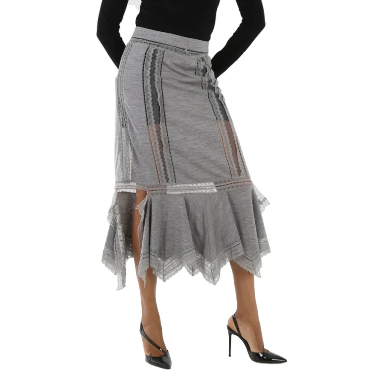 Burberry Ladies Cloud Grey Chantilly Lace And Wool Jersey Skirt