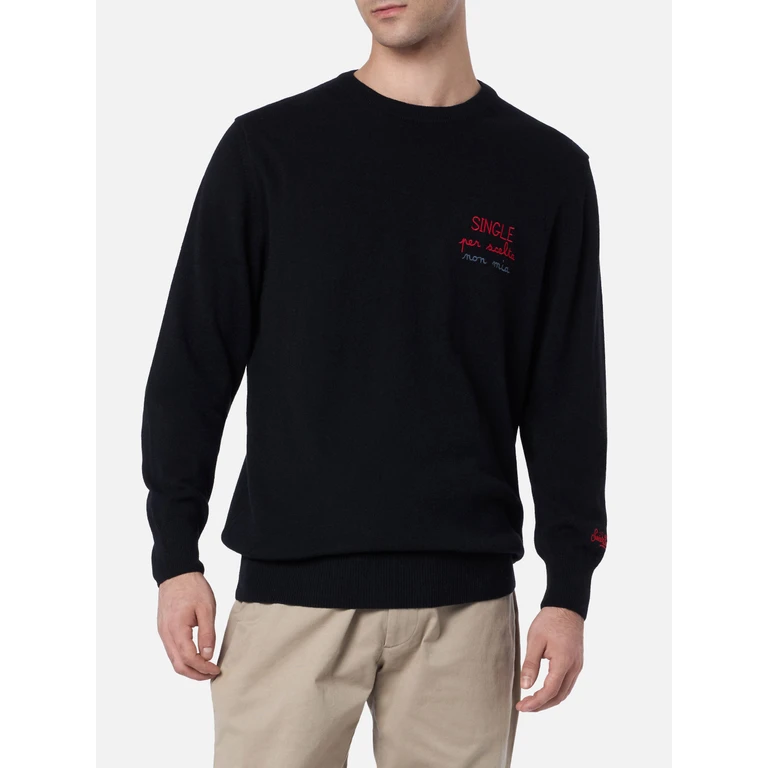 Mc2 Saint Barth Crewneck Sweater Heron With Single Per Scelta Non Mia Embroidery Black - Men