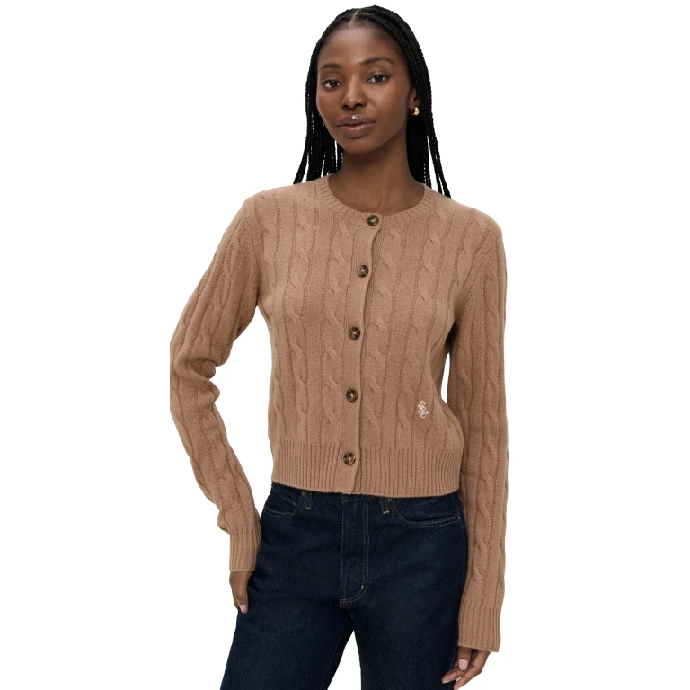 Sporty & Rich Cable Knit Cashmere Cardigan Camel M