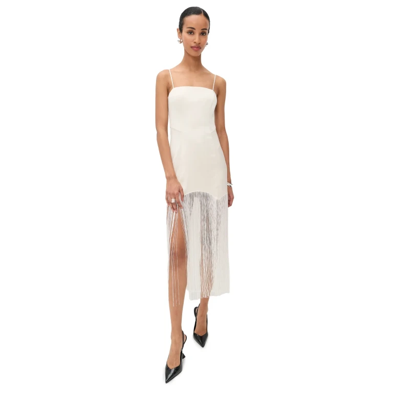 Fleur du Mal Satin Fringe Maxi Dress Black L