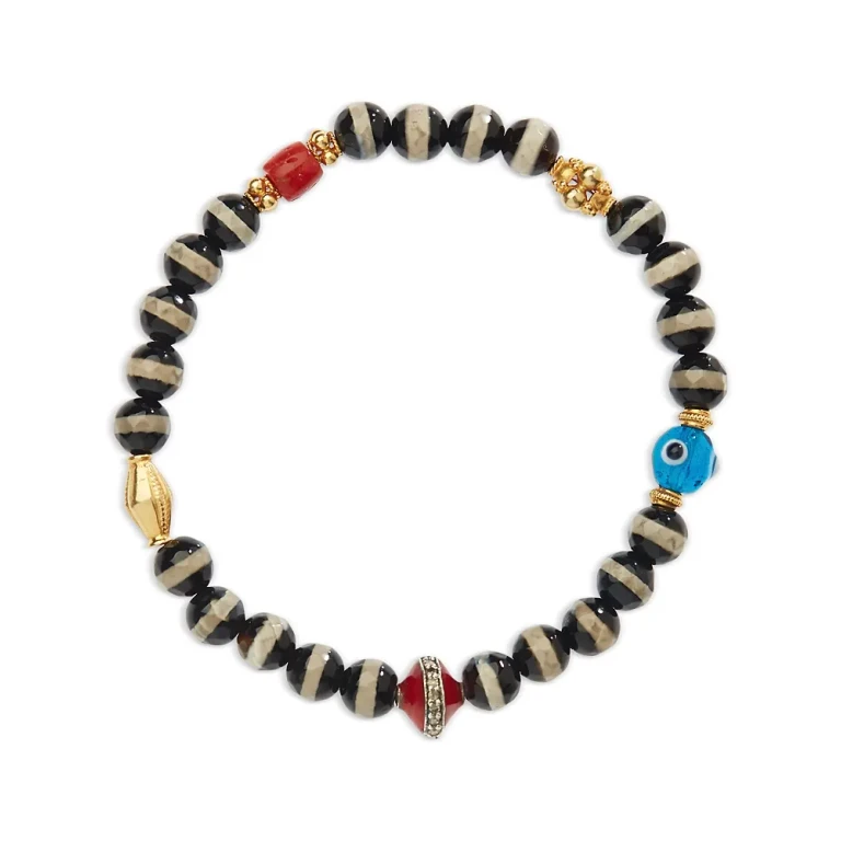 Ileana Makri Multi Stone & Gray Diamond Striped Bead Stretch Bracelet in 18K Yellow Gold & Sterling Silver