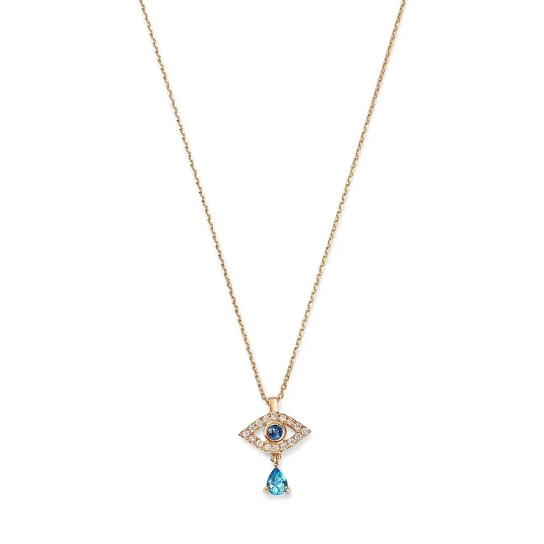 Blue Sapphire, Blue Topaz & Diamond Evil Eye Dangle Pendant Necklace in 14K Yellow Gold, 17