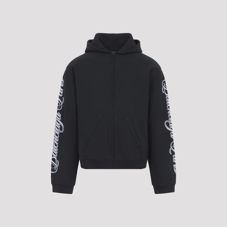 Balenciaga Regular Zip Up Hoodie Black Cotton Sweatshirt - Men