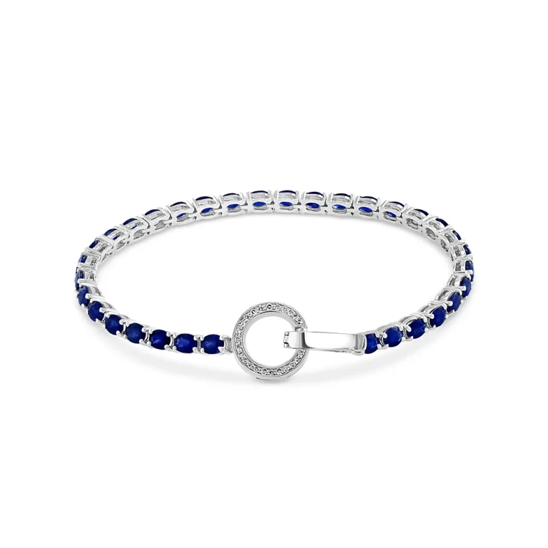 Blue Sapphire and Diamond Circle Clasp Tennis Bracelet in 14K White Gold