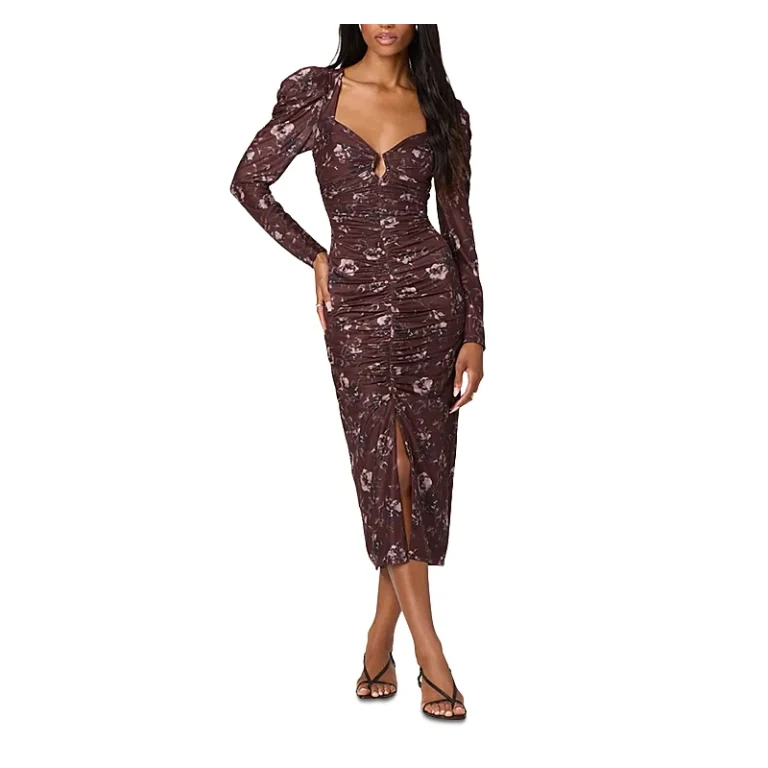Astr the Label Long Sleeve Mesh Ruched Midi Dress