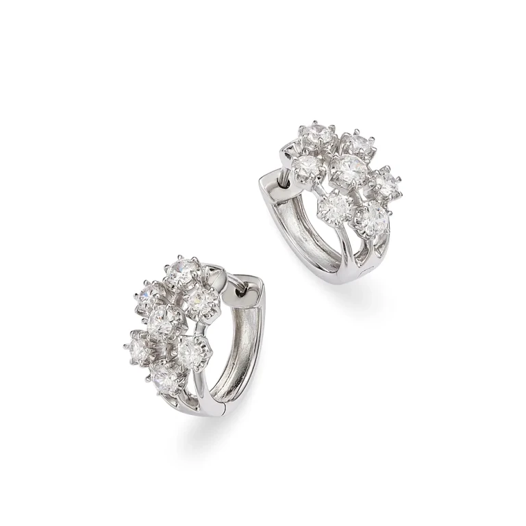 Diamond Cluster Hoop Earrings in 14K White Gold, 1.00 tcw