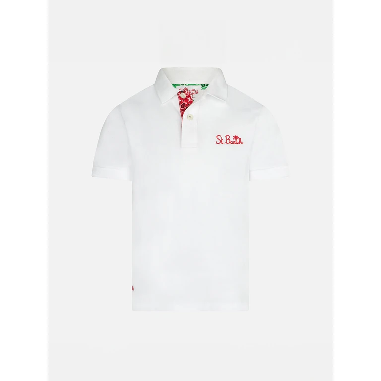 Mc2 Saint Barth Boy White Cotton Piquet Polo With Embroidery Green Shirt