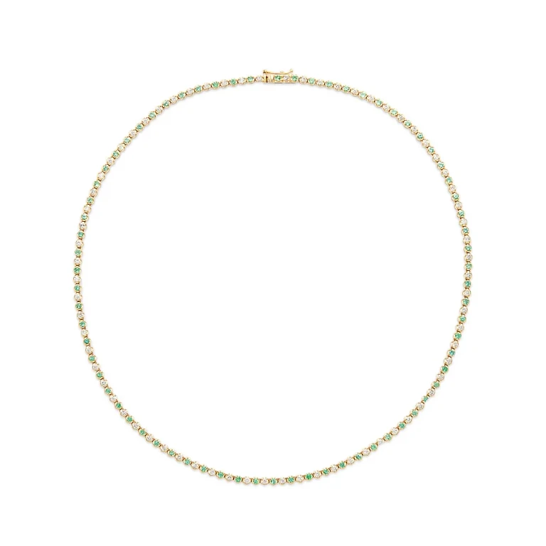 Emerald & Diamond Crown Set Tennis Necklace in 14K Yellow Gold, 16.5