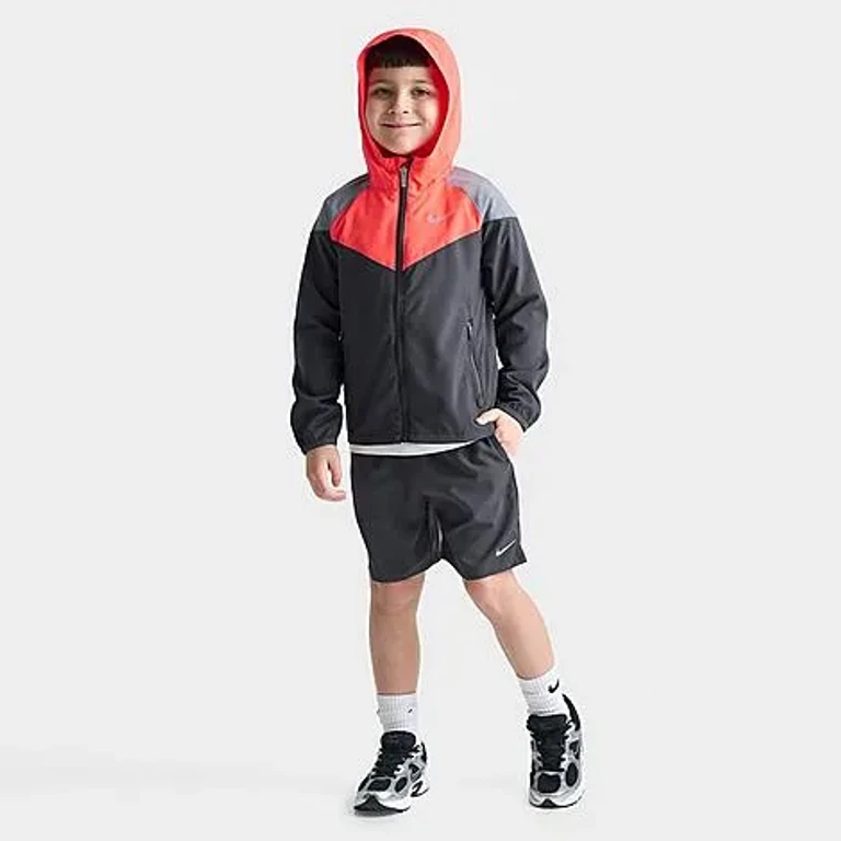 Nike Little Kids Windrunner Jacket and Shorts Set in Dark Smoke Grey/Red Size: 4