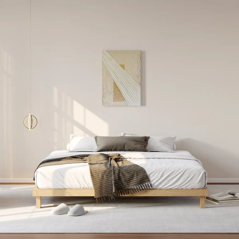 King Size Bedroom Set Wood Bed Frame with Floating Smart Nightstands with Light & Pillow Headboard