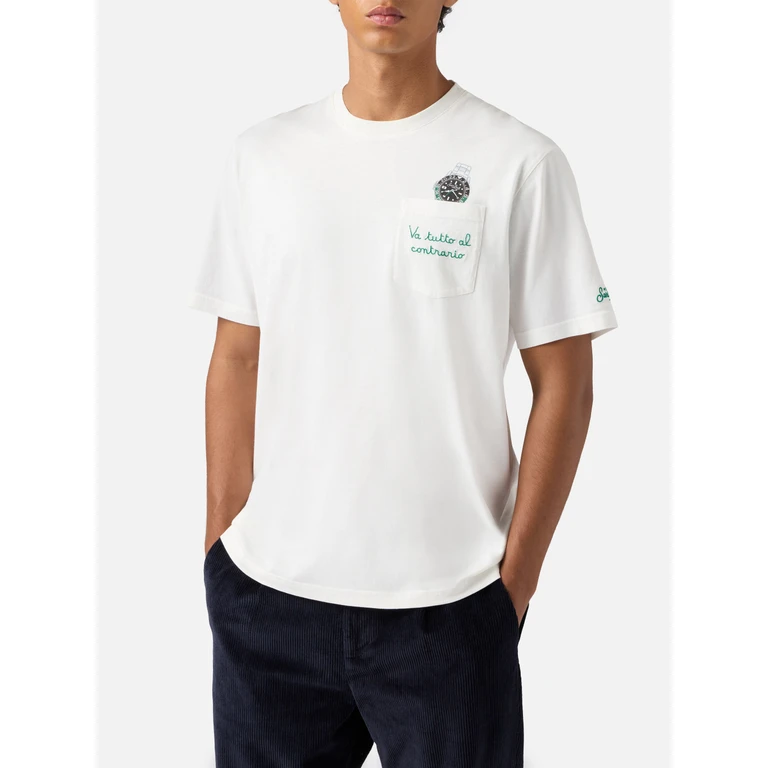 Mc2 Saint Barth Connor Cotton T-Shirt White With Va Tutto Al Contrario Pocket Embroidery - Men
