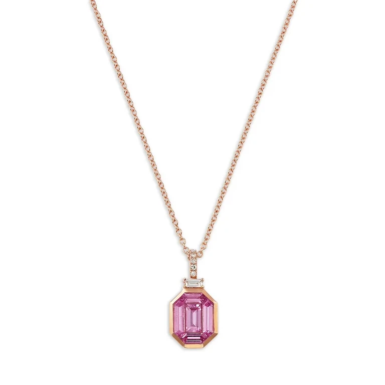 Pink Sapphire & Diamond Baguette Pendant Necklace in 14K Rose Gold, 18