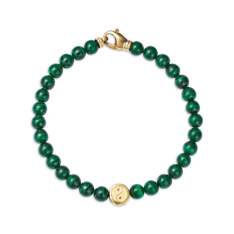 Men's Yin Yang Disc Malachite Bead Bracelet in 14K Yellow Gold