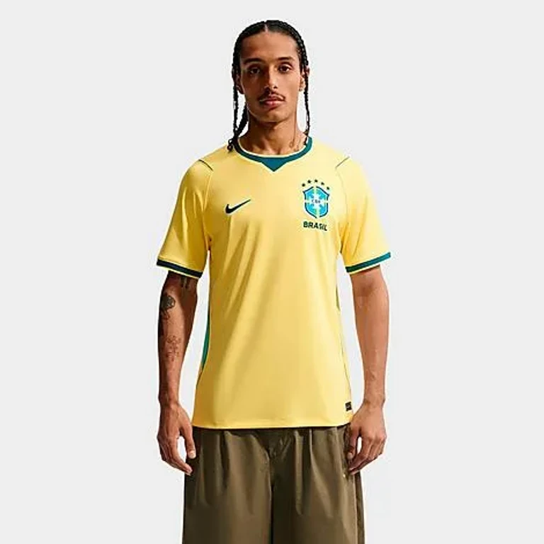 Nike Men's Brazil 2026 Stadium Home Dri-FIT Replica Soccer Jersey in Canary/Light Menta/Geode Teal Size: Small