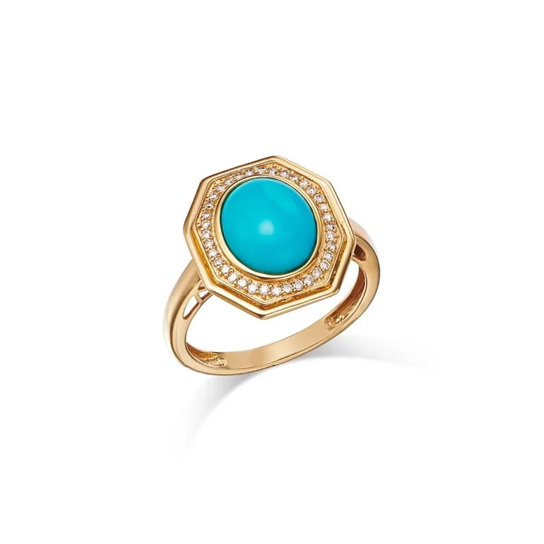 Turquoise & Diamond Halo Ring in 14K Yellow Gold