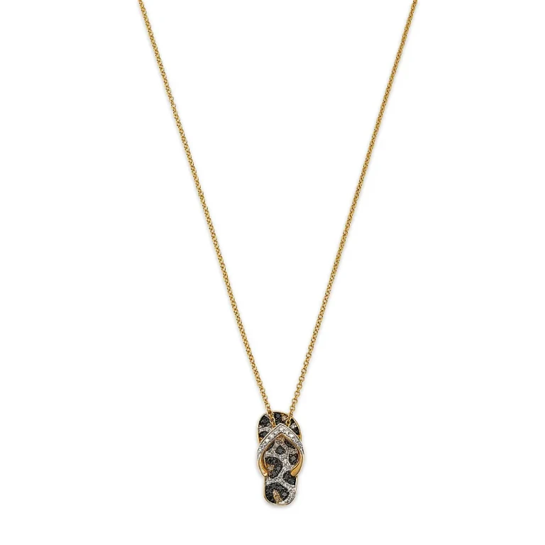 White, Brown & Black Diamond Animal Print Flip Flop Pendant Necklace in 14K Yellow Gold, 0.32 tcw