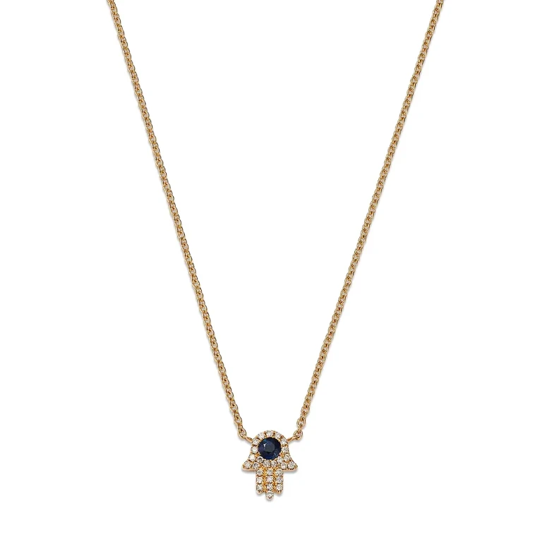 Sapphire & Diamond Hamsa Hand Pendant Necklace in 14K Yellow Gold, 18