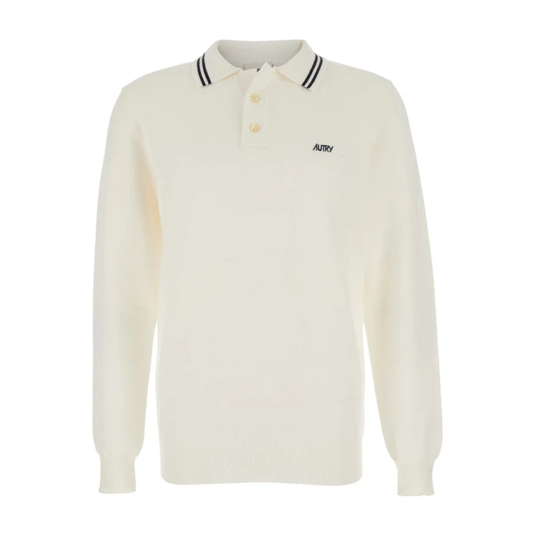 Autry White Long-sleeve Polo Shirt With Striped Collar And Logo Lettering Embroidery On The Front In Wool And Cotton Blend Man