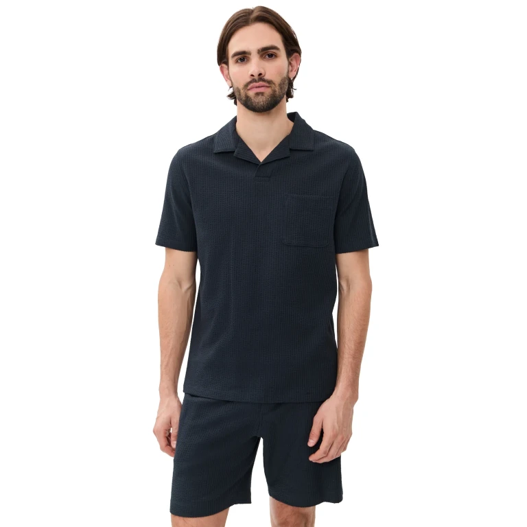 Vince Seersucker Knit Short Sleeve Johnny Collar Coastal XL