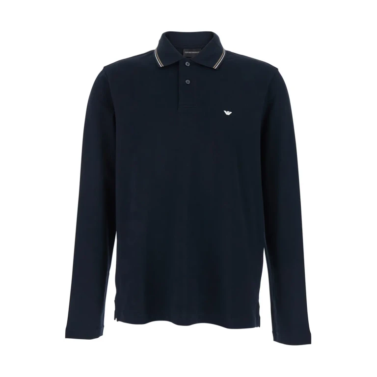 Emporio Armani Blue Long Sleeve Polo With Front Logo In Cotton For Men