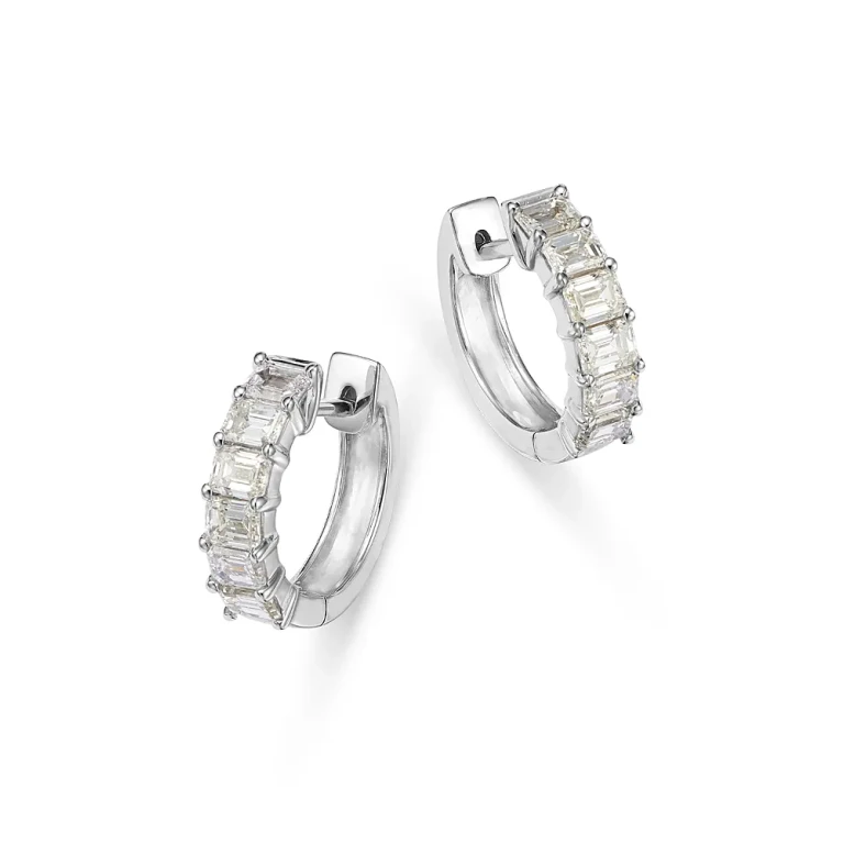 Diamond Emerald Cut Diamond Huggie Earrings in 18K White Gold, 1.0 tcw