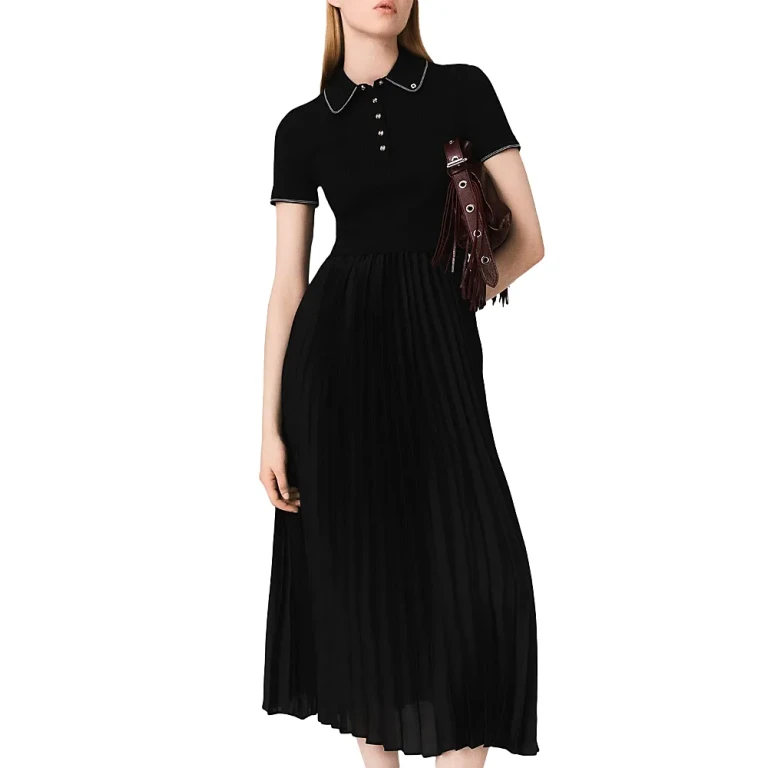 Maje Polo Collar Pleated Maxi Dress