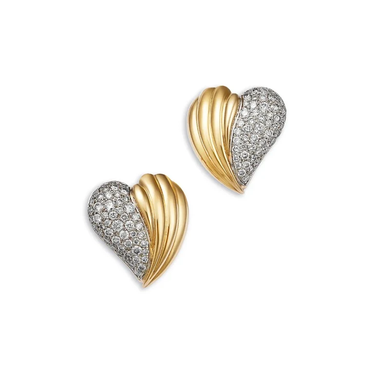 Diamond Textured Heart Stud Earrings in 14K Yellow Gold, 1.25 tcw