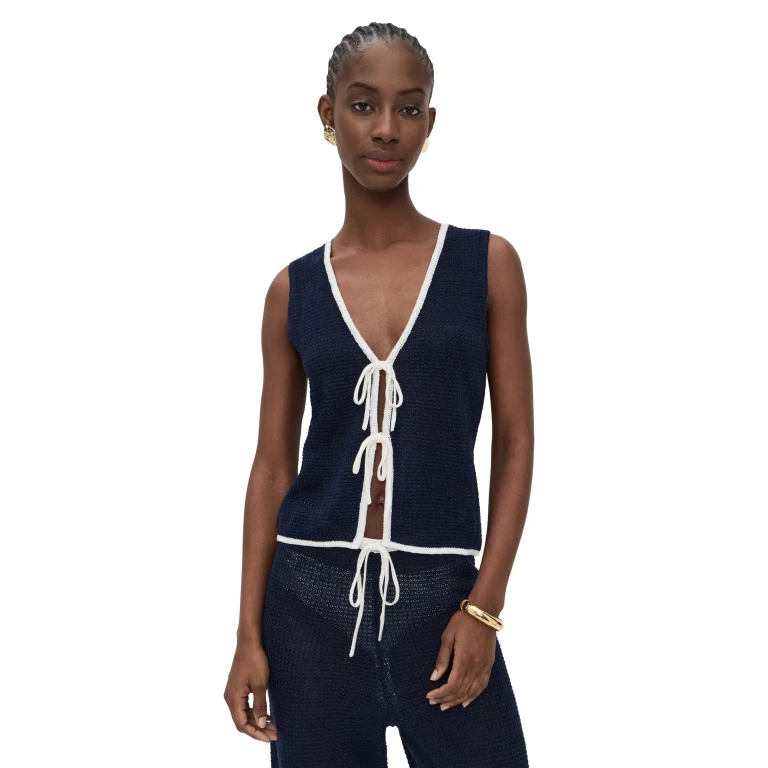 Onia Linen Knit Tie Front Tank Noir Navy/Egret M