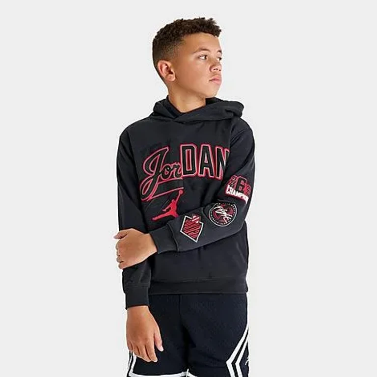 Jordan Big Kids Varsity Split Pullover Hoodie in Black/Varsity Red Size: Small