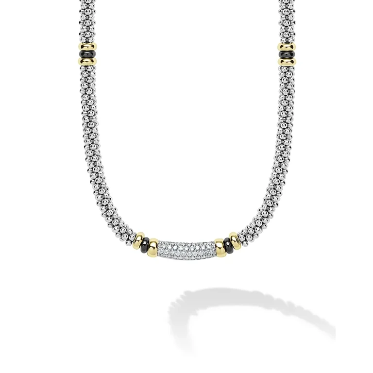 Lagos 18K Yellow Gold & Sterling Silver Black Caviar Diamond & Black Ceramic Collar Necklace, 18