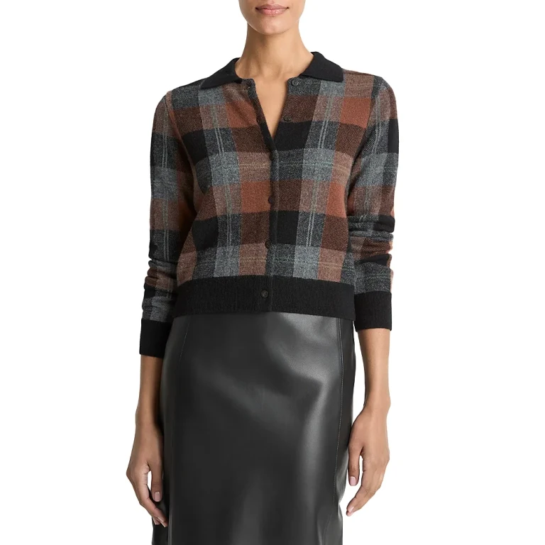 Vince Check Plaid Cashmere Polo Cardigan