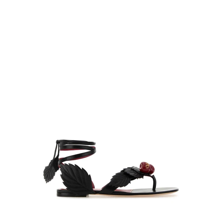 Valentino Garavani Black Leather Cherryfic Thong Sandals
