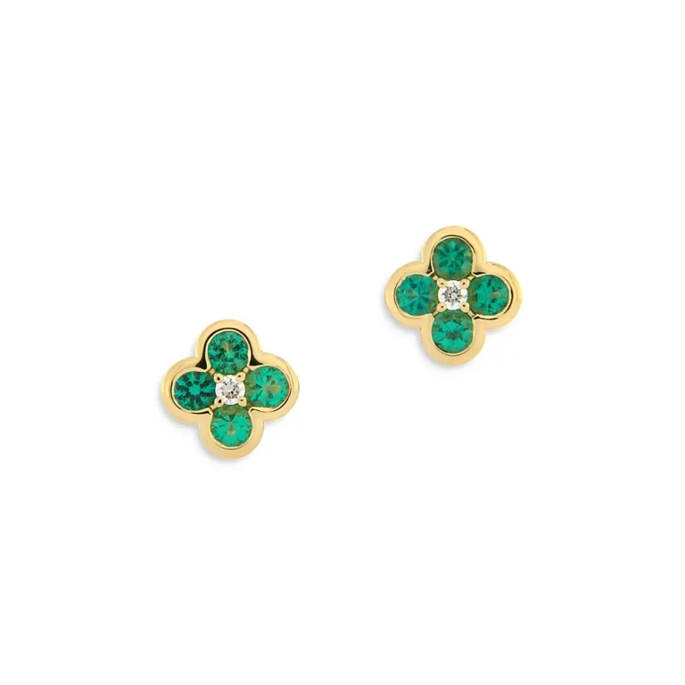 Emerald & Diamond Bezel Clover Stud Earrings in 14K Yellow Gold