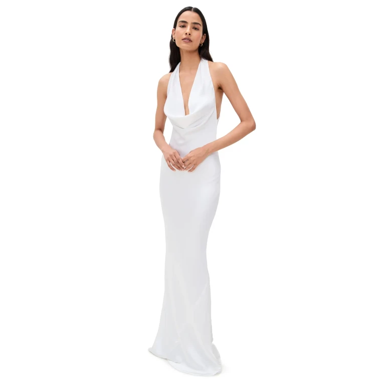 Norma Kamali Halter Drape Bias Gown Silver M