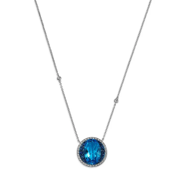 Fine Collection Swiss Blue Topaz, Blue Sapphire & Diamond Halo Pendant Necklace in 14K White Gold, 18