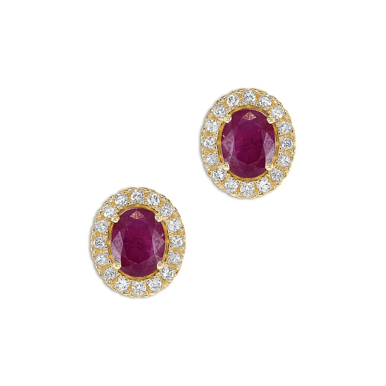Ruby & Diamond Oval Halo Stud Earrings in 14K Yellow Gold