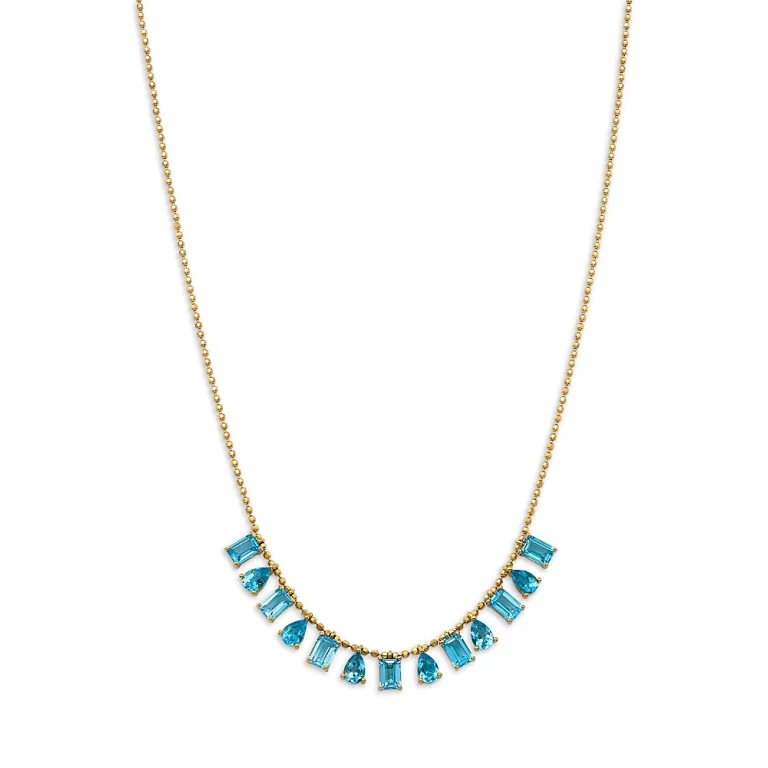 Swiss Blue Topaz Mixed Cut Statement Necklace in 14K Yellow Gold, 18