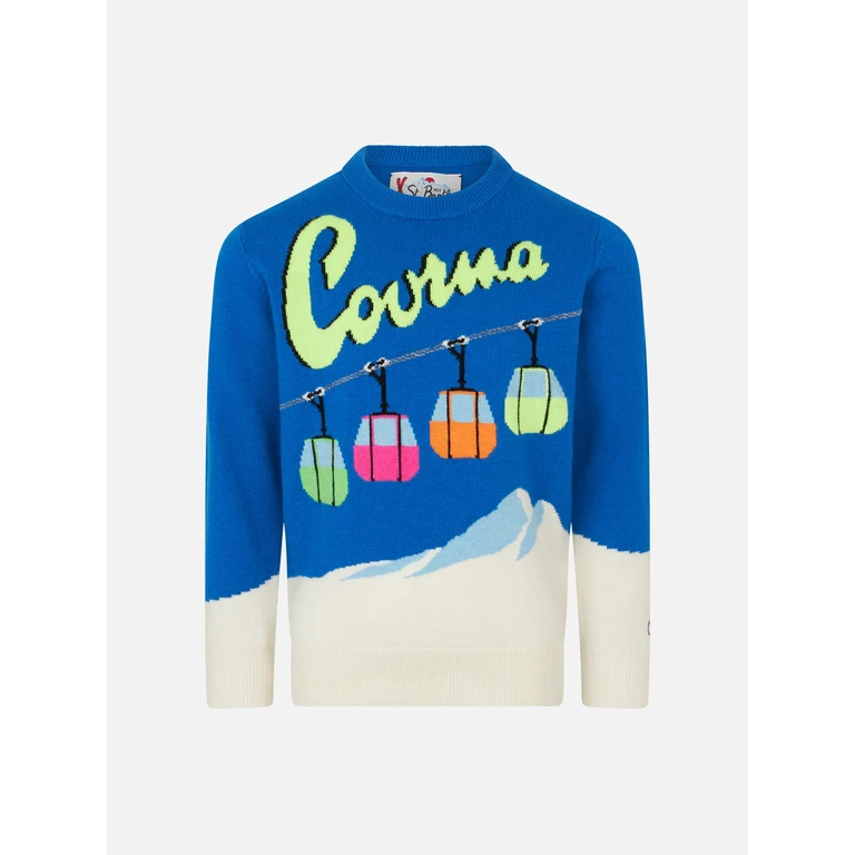 Mc2 Saint Barth Boy Crewneck Sweater With Courma Cable Postcard Jacquard Blue